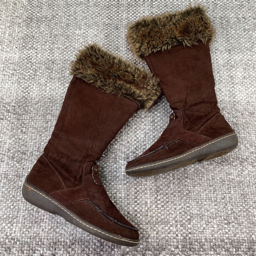 American Eagle Mid-Calf Boots Women 8.5 Brown Faux Fur Trim Side Zip 72351-15